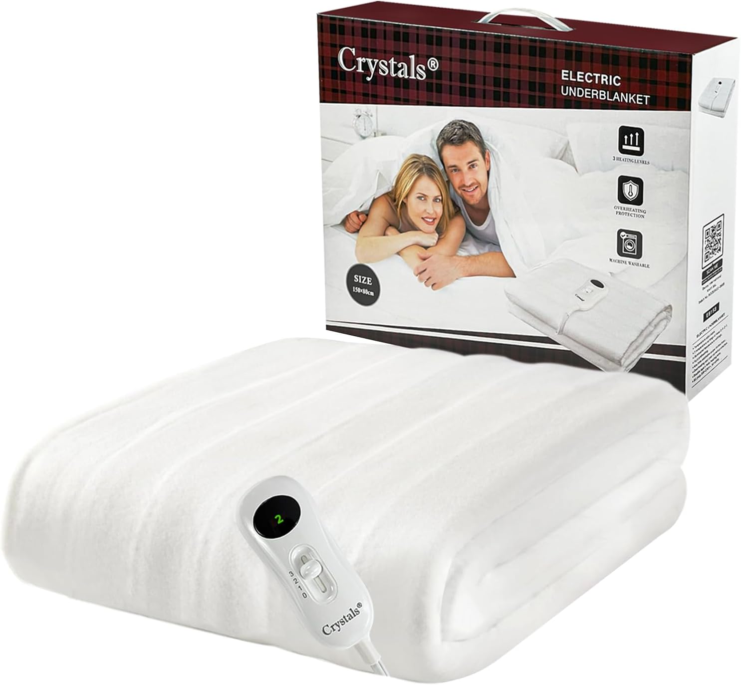Crystals Electric Blanket 150 x 80 cm, Heated Under Blanket with 3 Heat Settings, Low Running Cost, Energy Efficient, Easy Fit Straps - Machine Washable with Overheat Protection, White