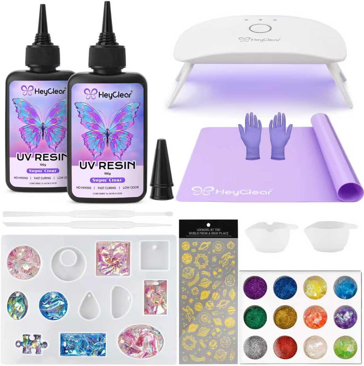 HeyClear UV Resin Kit 200g with UV Light, Molds and Casting Tools -Super Clear, Hard, Low Odor, Premixed and Fast Curing UV Glue for Coating, Jewelry Making, DIY Craft Decorations