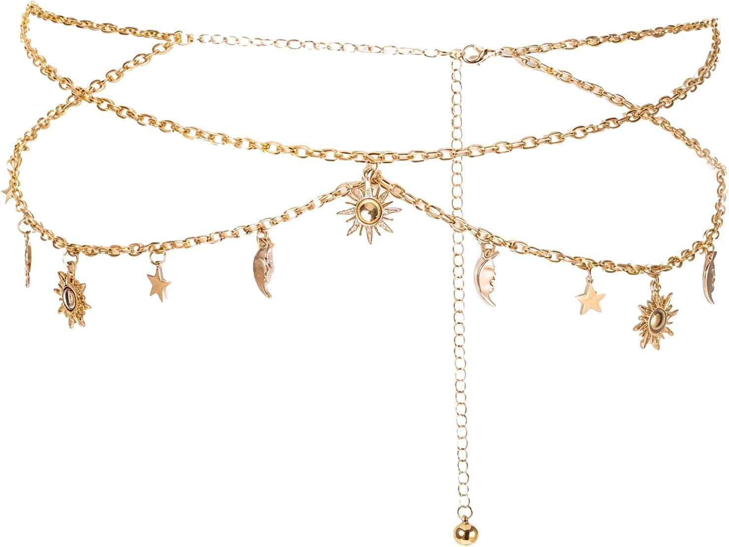 Gold Chain Belt Metal Adjustable Waist Link Belt Elegant Multilayer Skinny Chain Waistband Sun and Moon Decor Belts Straps for Women Dresses Western Jeans Sweater Coat Supplies