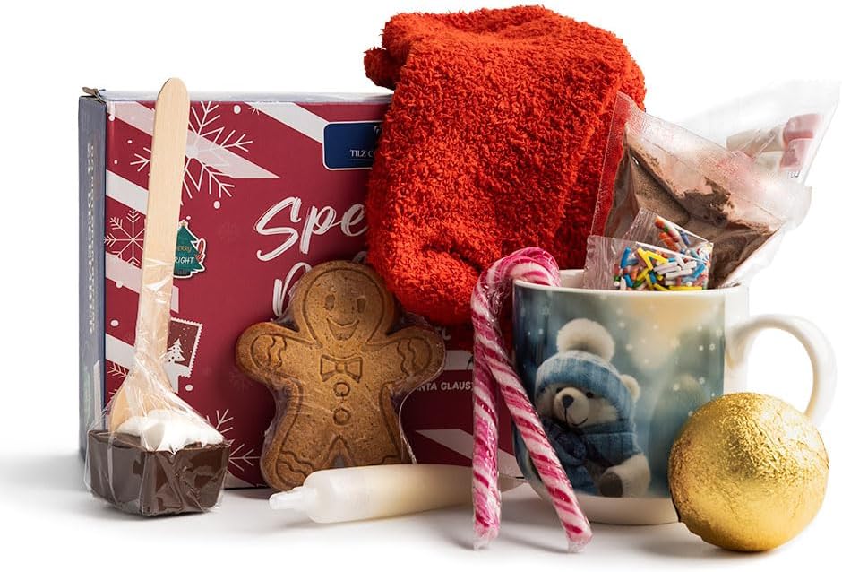 Christmas Hot Chocolate Gift Set Kids - Xmas Eve Box Fillers, Hot Chocolate Bombs, Stirrers, Marshmallow, Xmas Mug, Cone, Candy Cane, Gingerbread, Xmas Socks |Christmas Eve Box Fillers For Toddlers