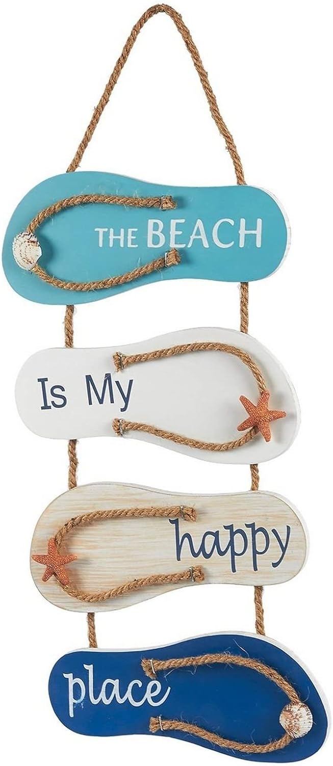 Juvale Wooden Beach Wall Hanging Decor Sign, Flip Flop Coastal Decorations for Home, Bathroom, Living Room, Bedroom and Dining Room, The Beach is My Happy Place (8.7x20.9 In)