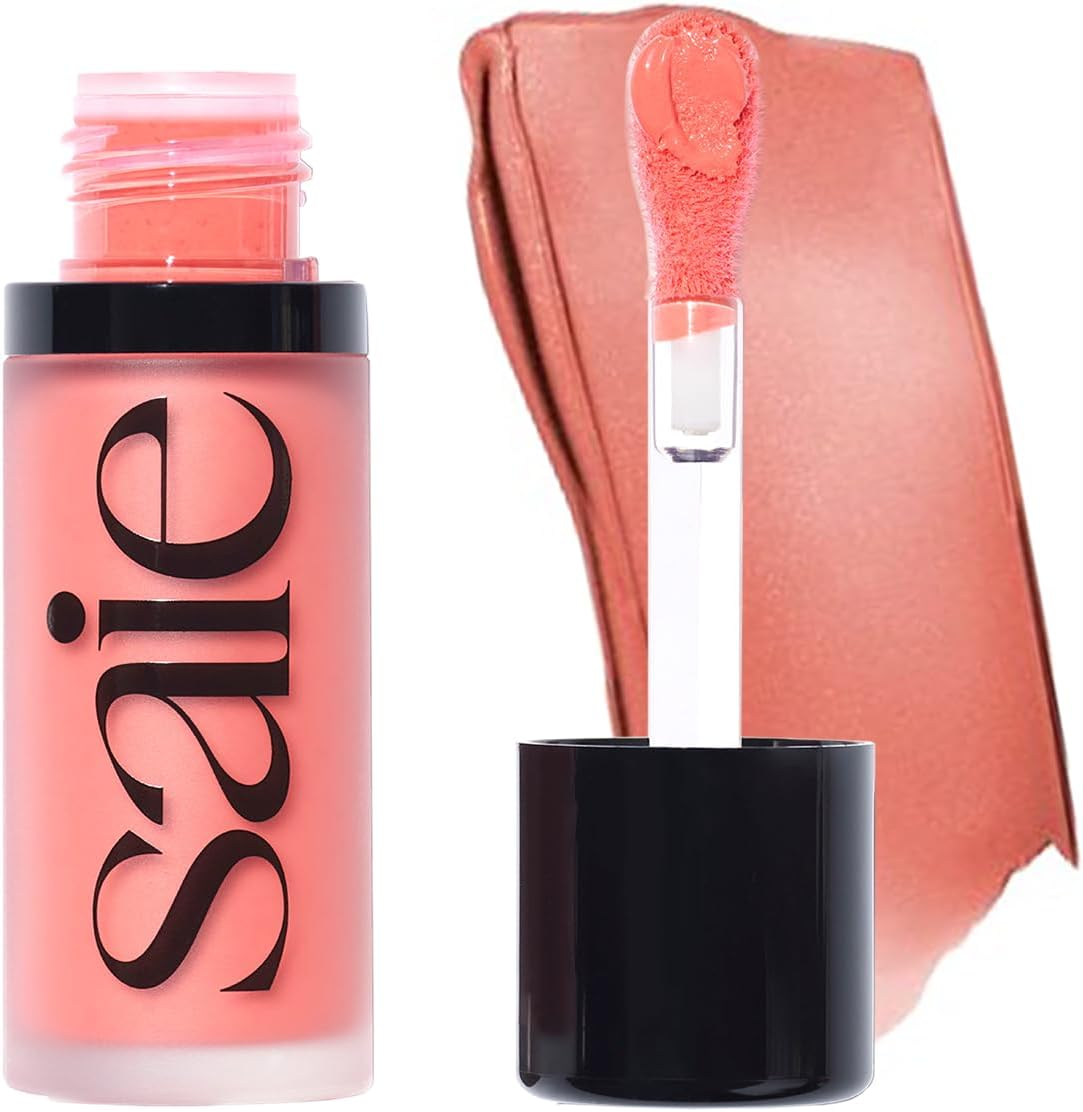 Saie Blush Dew - Blush Light Liquid with a Mixable + Buildable Cream Finish - Dew Cheek Dye with Doe Foot Wand Makeup Applicator - Coral Blush