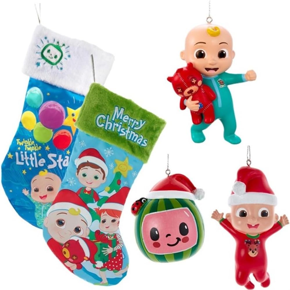 Kurt Adler CoComelon Christmas Ornament & Stocking Set, 5 Pieces - Includes 2 Stockings and 3 Holiday Tree Ornaments - Officially Licensed - Toddler & Preschool Gift for Kids. Boys, Girls