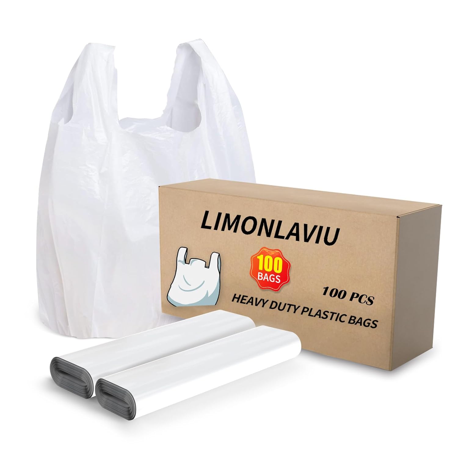 LimonLaviu Plastic Bags - 100 Pack (11.5'x 6.5" x 21') with Handles for Small Business, Restaurants, Grocery & Trash
