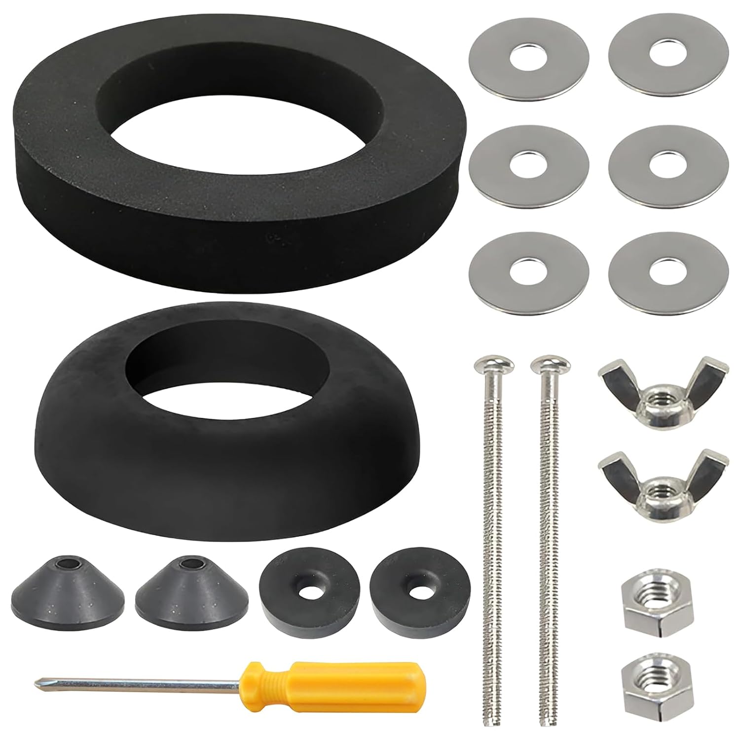 2 Stainless Steel Bolt Hardware Kit, Durable Toilet Cistern Seal Kit, Universal Stainless Steel Bolt Hardware Kit, Suitable for Toilet Tank, with 2 Foam Seals, 1 4MM Cross Screwdriver Yellow