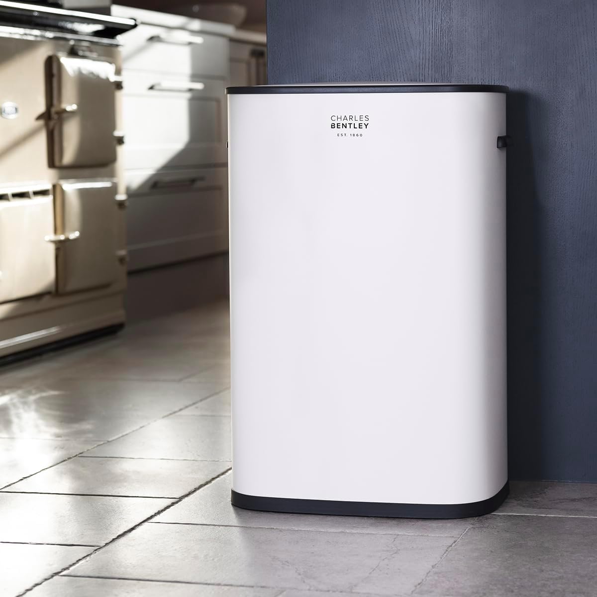 CHARLES BENTLEY 55 Litre Capacity, White Sensor Bin, Kitchen Bin, Rubbish Bin, Waste Bin, Sensor Bins, for Kitchen, Dining Room, Battery Operated, Auto Close, Bin Ring, Black Plastic Trim (61x42x28cm)