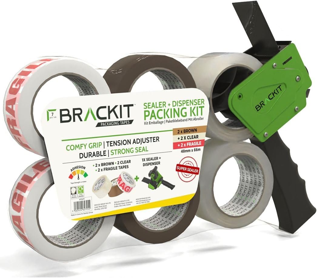 brackit Packing Tape Set Brown and Fragile and Clear with Dispenser, 48mm x 66m, Pack of 6 Rolls – Strong Seal Tape for Regular Packing Use or Moving