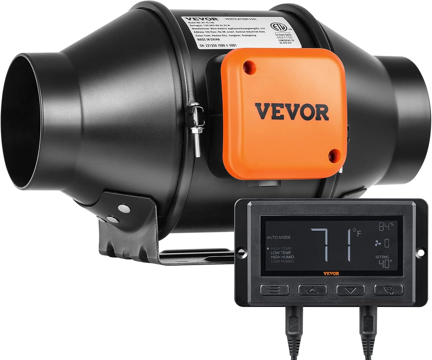 VEVOR Inline Duct Fan, 102mm 129.7 CFM Quiet EC-motor Ventilation Exhaust Fan, with Temperature Humidity Controller for Cooling Booster, Grow Tents, Hydroponics