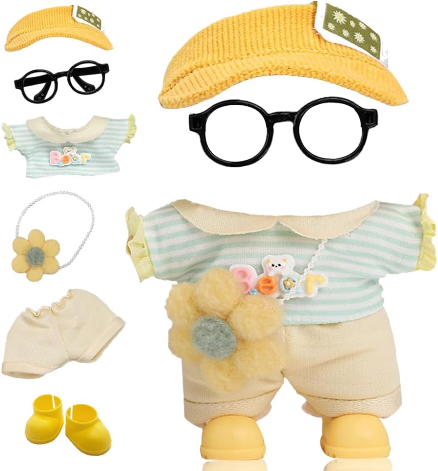 Doll Cloth for Labubu Clothes - 6 Piece Set for Labubu Outfits, Cute Chic Style Set for Dolls Includes Visor Hats/Glasses/Flower Crossbody Bag/Shoes/Tops and Pants (No Doll)