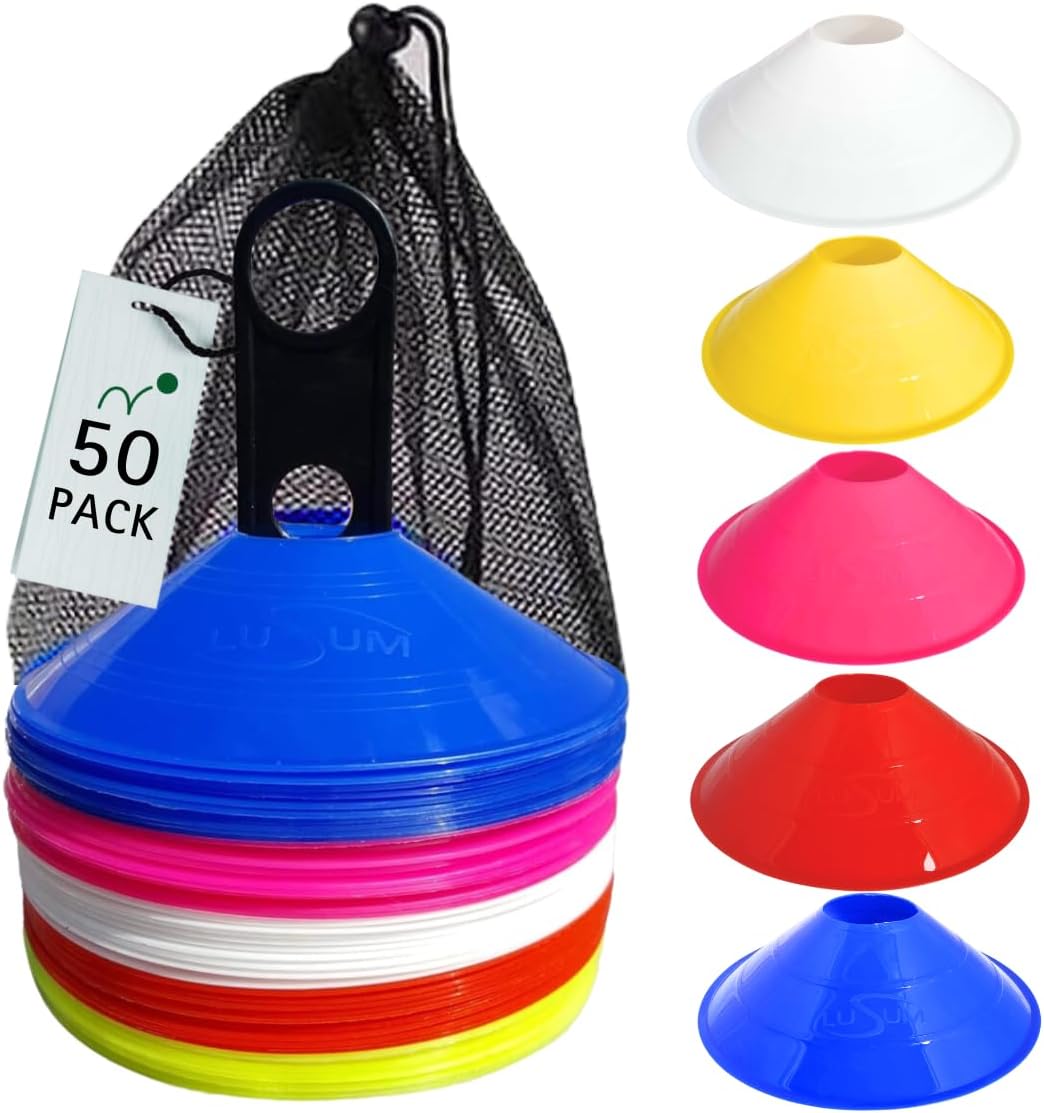 Lusum Set of 50 Sports Safety Space Marker Cones with Stand and Bag - Sports Training Football Cones Set - Indoor/Outdoor Use