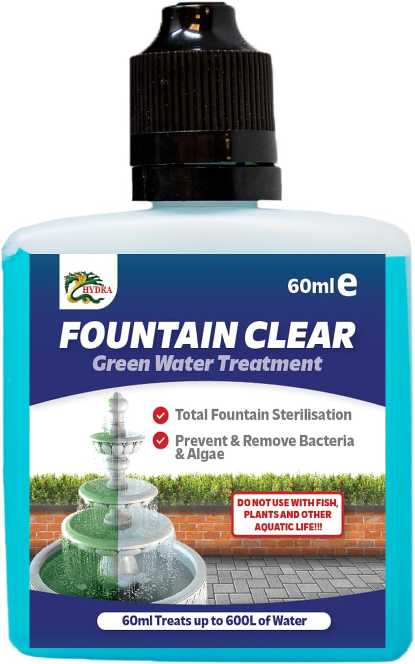 Hydra Fountain Clear Water Feature Cleaner | 60ml Treats 1,800L Highest Dilution Rates - Water Feature Treatment Keeps Water Crystal Clear from Algae, Cleans Water & Biofilm Build-up