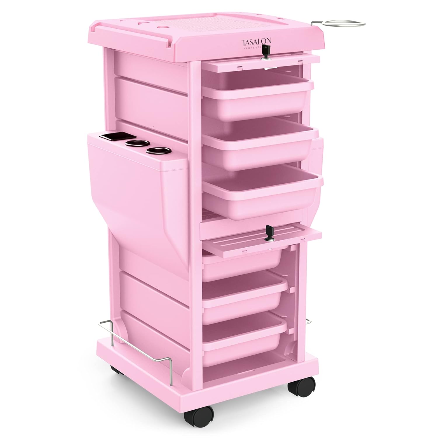 TASALON Professional Salon Trolley Cart, Lockable 6 Trays & 2 Holders, Space Saving Mobile Storage for Hair Salon and Beauty Station​ - Pink