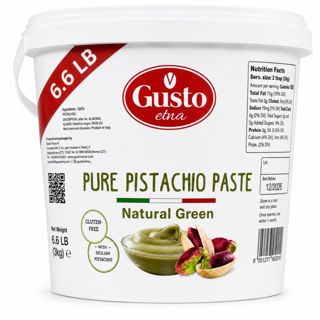 GUSTO ETNA Pure 100% Pistachio Paste Bucket, Unsweetened, 6.6 lb (3 kg)