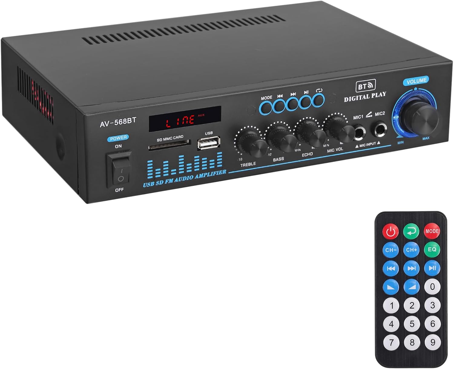 LiNKFOR Audio Power Stereo Amplifier AV-568BT Bluetooth Amplifier 2.0 Channel 50W X 2 with 2 RCA Inputs FM Radio MP3 USB SD Readers Amp Receiver with LED Display Remote for Karaoke Home Theater