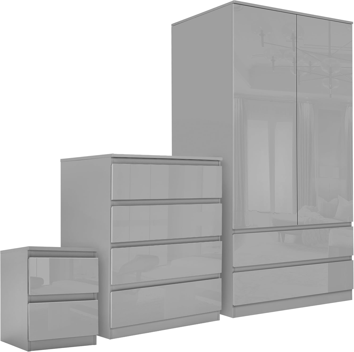 Blisswood High Gloss 3 Piece Bedroom Furniture Set, 2 Door 2 Drawers Wardrobe, 4 Storage Drawer Chest Of Drawers, 2 Drawer Bedside Table Bedroom Furniture Storage Sets, Grey