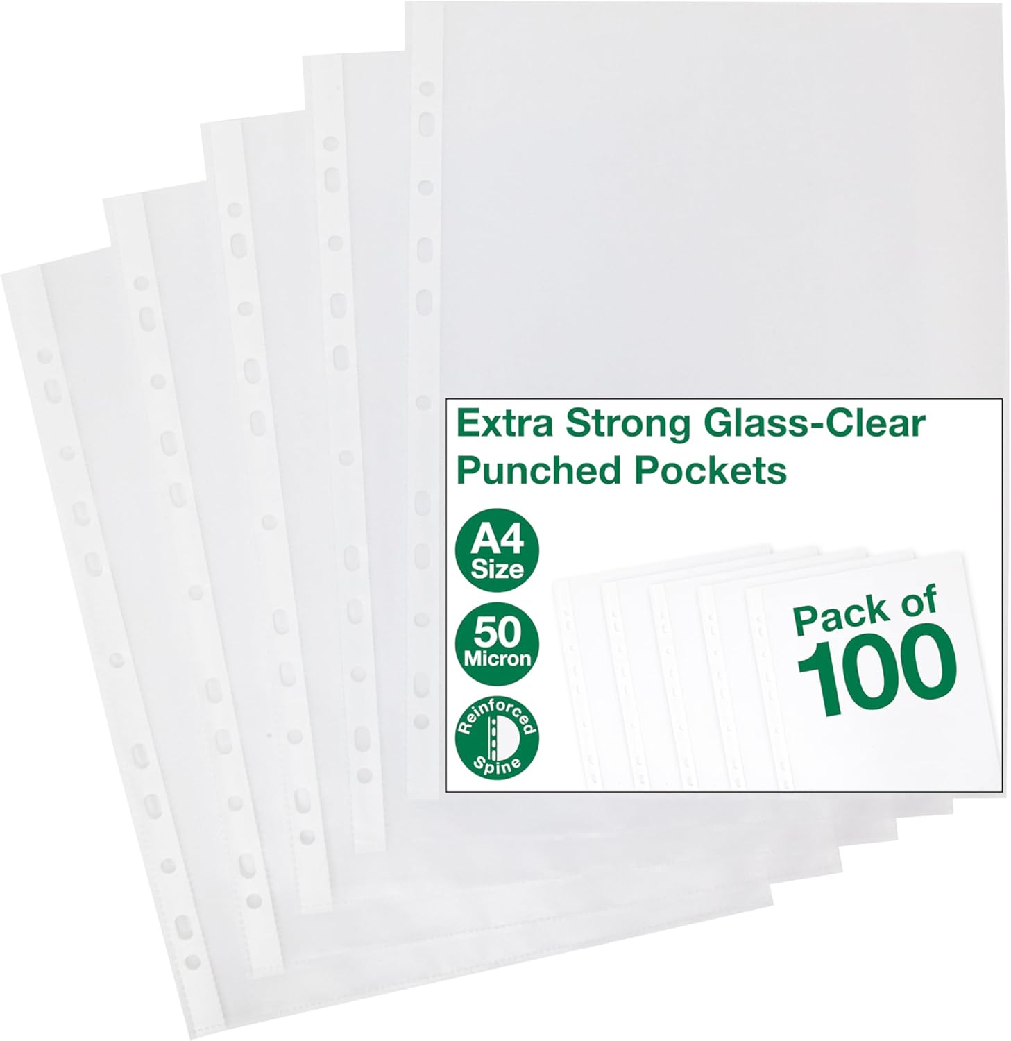 SUMMIT Punched Pockets A4, Heavy Duty 50 Micron, Glass Clear, 100 Poly Pockets