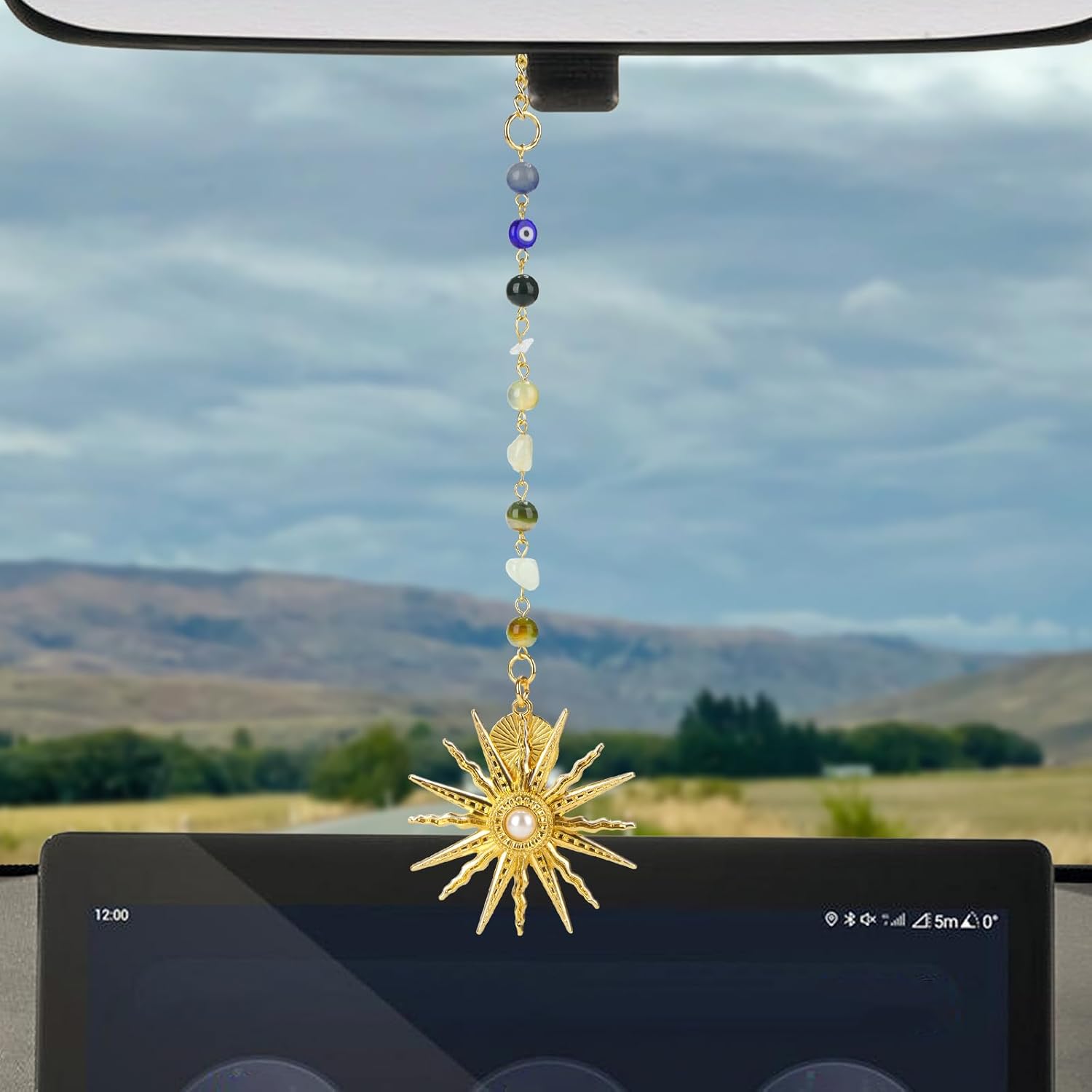 Sun Hanging Car Charm, Cute Boho Rear View Mirror Accessories Sun Car Decor, Handmade Healing Crystals Stones Ornament Gifts for Women Men (Green and Gold)