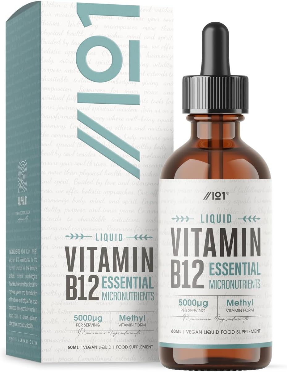 Vitamin B12 Liquid Drops 5000mcg - 60ml (2 Months Supply) - High Strength Methylcobalamin Supplement - Vegan & Vegetarian Friendly - by Alpha01