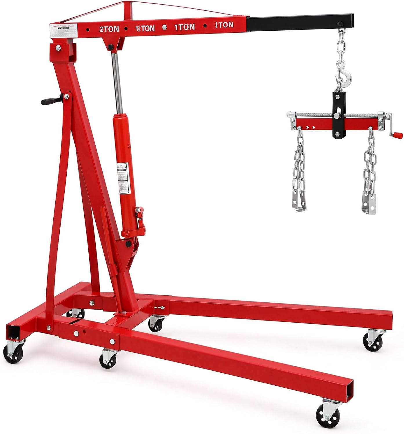 Engine Hoist with Lever,2 Ton Folding Cherry Picker Engine Hoist,Heavy Duty Folding Shop Crane with 6 Casters,Engine Lift for Garage,Workshop,Red