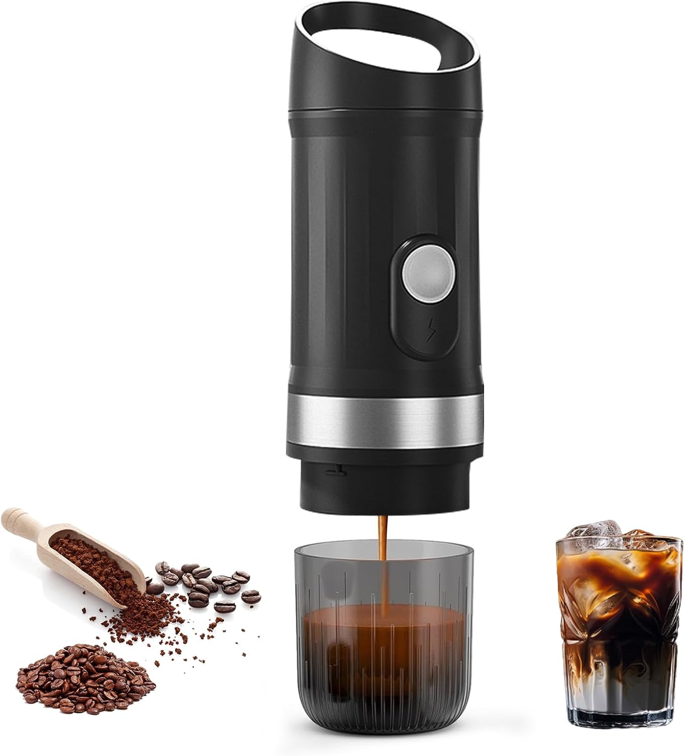 Electric Portable Espresso Machine, Travel Camping Coffee Maker, 12v Car Coffee Machine with Self-Heating, Rechargeable, 3-5 Min Self-Heating, Ground Coffee, For Camping Travel, Office, Home (Black)