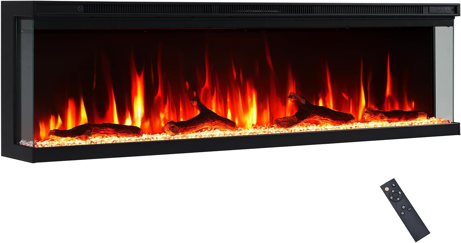 FlameKo Leura 152cm/60" 3 Sided view Electric Fireplace Wall Mounted or Recessed 9 Colour Flame Effect TV Compatiable Media Wall Fire Heater 900W/1800W, Remote Control