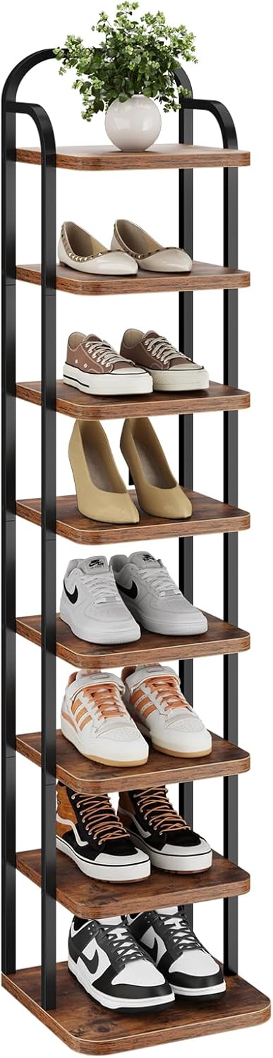 Dripex Adjustable Narrow Shoe Rack Organizer, Space Saving Vertical Tall Shoe Shelf for 8 Tier, Sturdy Multifunctional Entryway Hallway Living Room Storage Shelf Rustic Brown