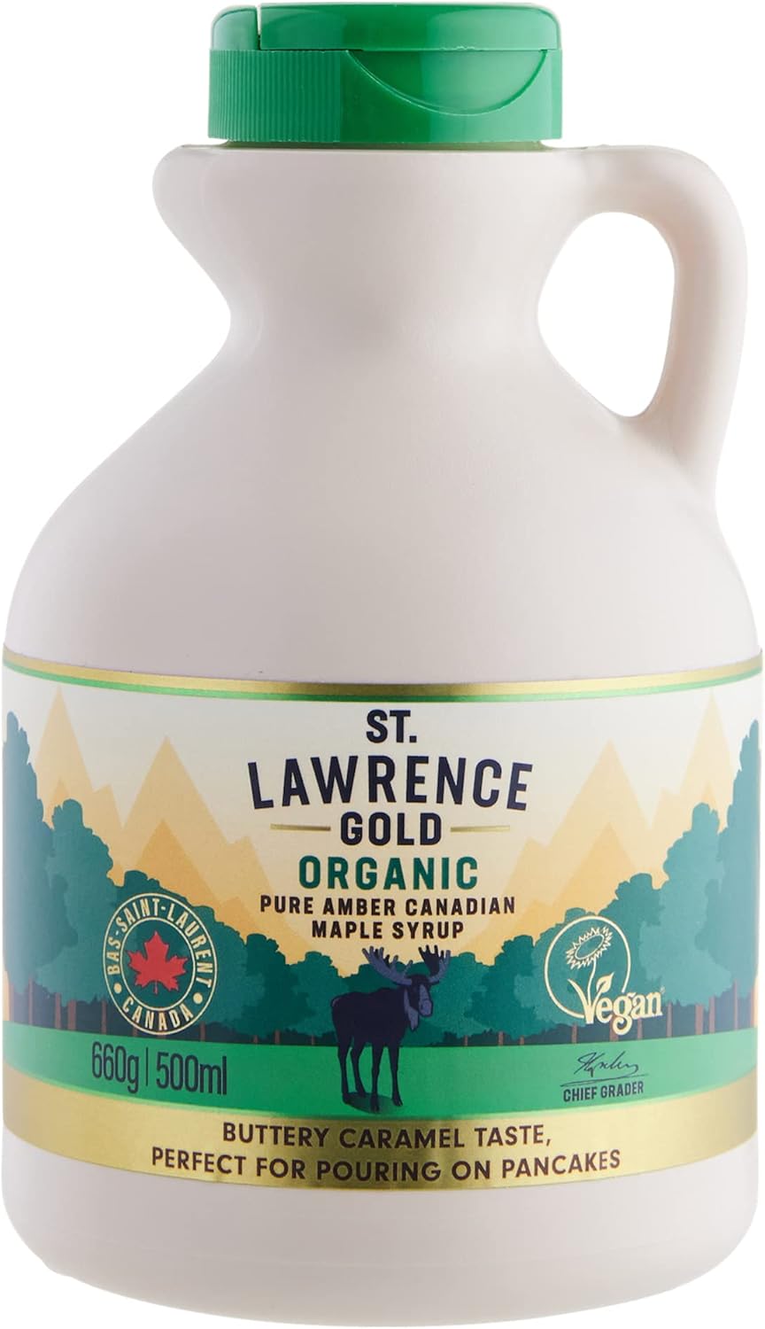 St Lawrence Gold Organic Maple Syrup 500ml - Canadian Amber Maple Syrup 660g - Sugar Syrups Alternative for Cocktails and Coffees - Ideal for Pancakes, Waffles and as a BBQ Glaze - Gluten Free, Vegan