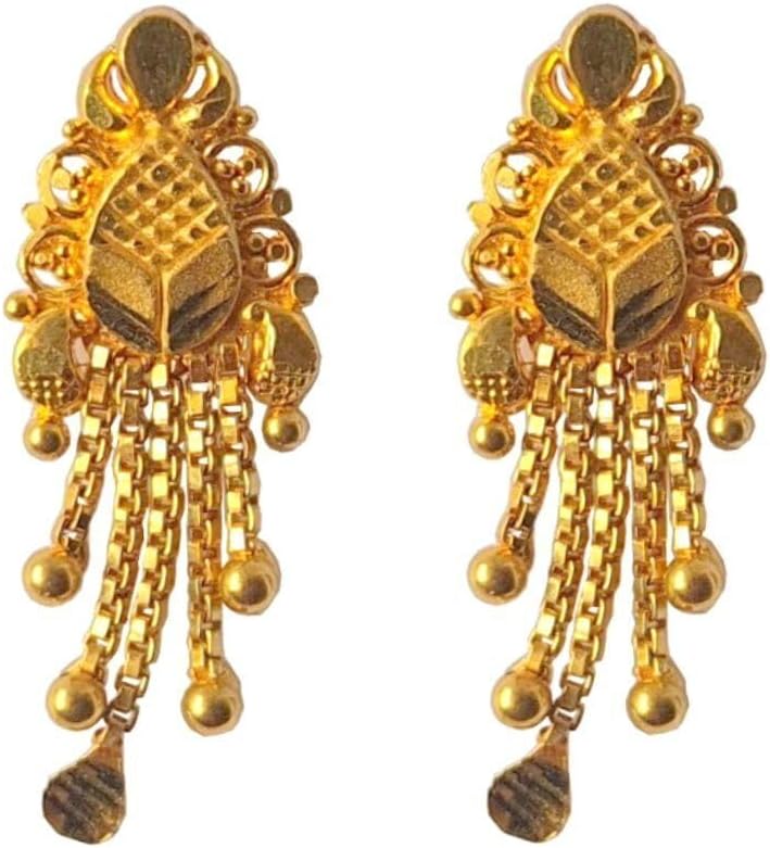 22K/18K Real Certified Fine Yellow Gold Flower Dress Dangle Earrings