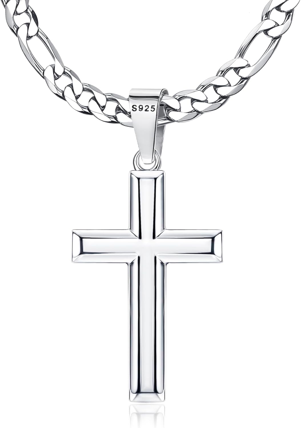 MILACOLATO 925 Sterling Silver Cross Necklace for Men Women, 5mm Stainless Steel Diamond-Cut Durable Figaro Link Chain or Cuban Link Curb Chain for Men, Mens Silver Crucifix Cross Pendant Necklaces Jewelry 16-30 Inches