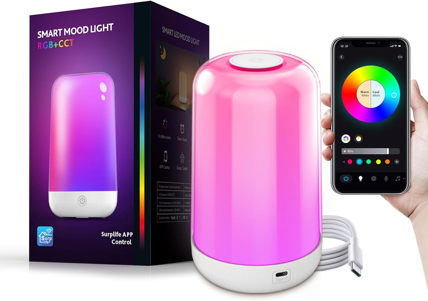 YS-INLT Smart LED Table Lamp with Bluetooth APP Control - Colour Changing Mood Light, Dimmable RGB Bedside Lamp for Bedroom & Nursery, USB-C Rechargeable, 3600mAh (Crystal Shade)