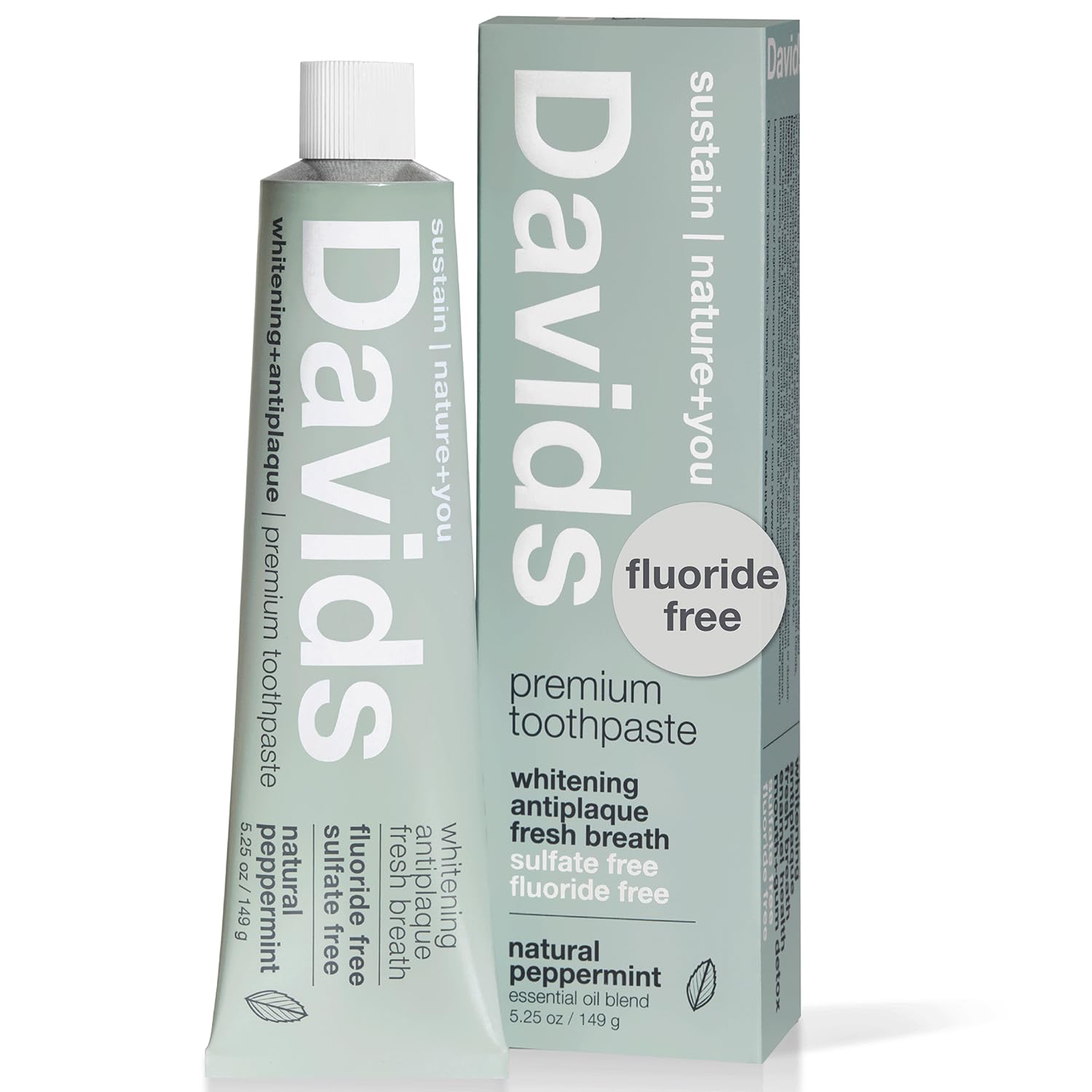 Davids Fluoride Free Toothpaste, Teeth Whitening, Antiplaque, SLS (Sulfate) Free, Promotes Enamel Health, Mouth & Gum Detox, EWG Verified, Peppermint, 5.25oz
