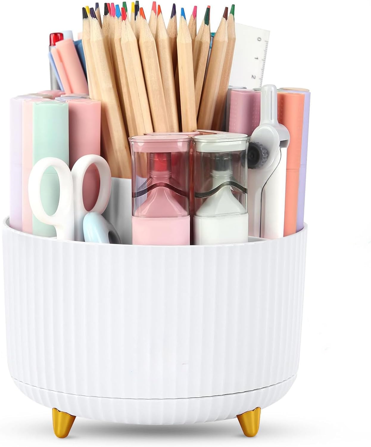 Desk Organisers Pen Holder 360° Rotating Makeup Organiser Stationary Desk Organisers with 5 Compartments Pen Pot for Home Office School Classroom, White