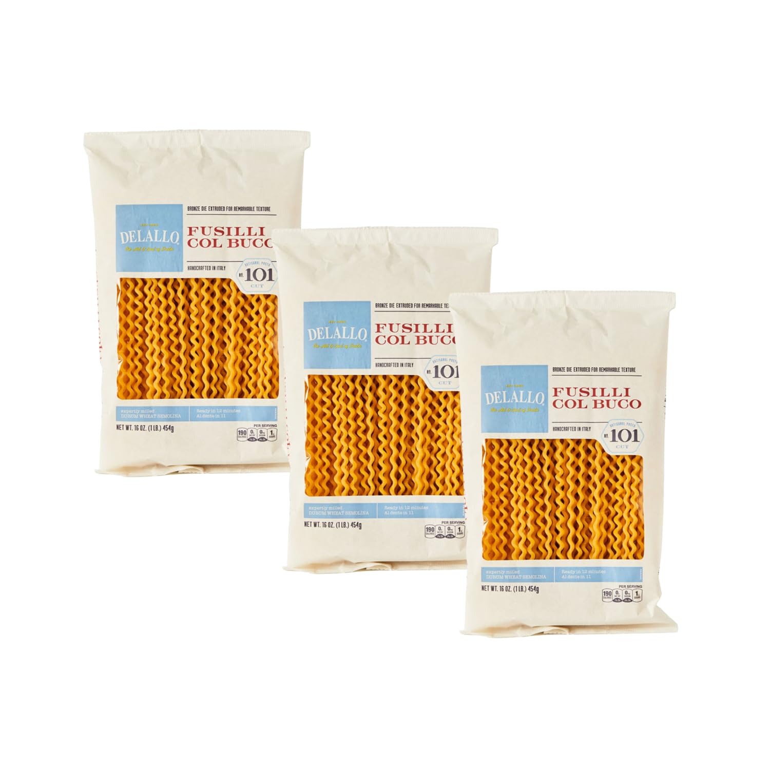 DeLallo Fusilli Col Buco Pasta, 1 Pound Bag, 3 Pack, Fusilli Lunghi Made with Durum Wheat Semolina Flour, Authentic Italian Recipe, Cooks Al Dente