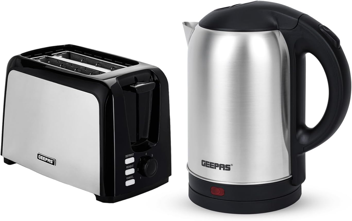 Geepas 2 Slice Bread Toaster & 1.8L Electric Kettle Kitchen Combo Set | 750W Toaster, 7 Level Browning Control, Defrost, Reheat & Cancel Function | 1800W Stainless Steel Cordless Jug Kettle