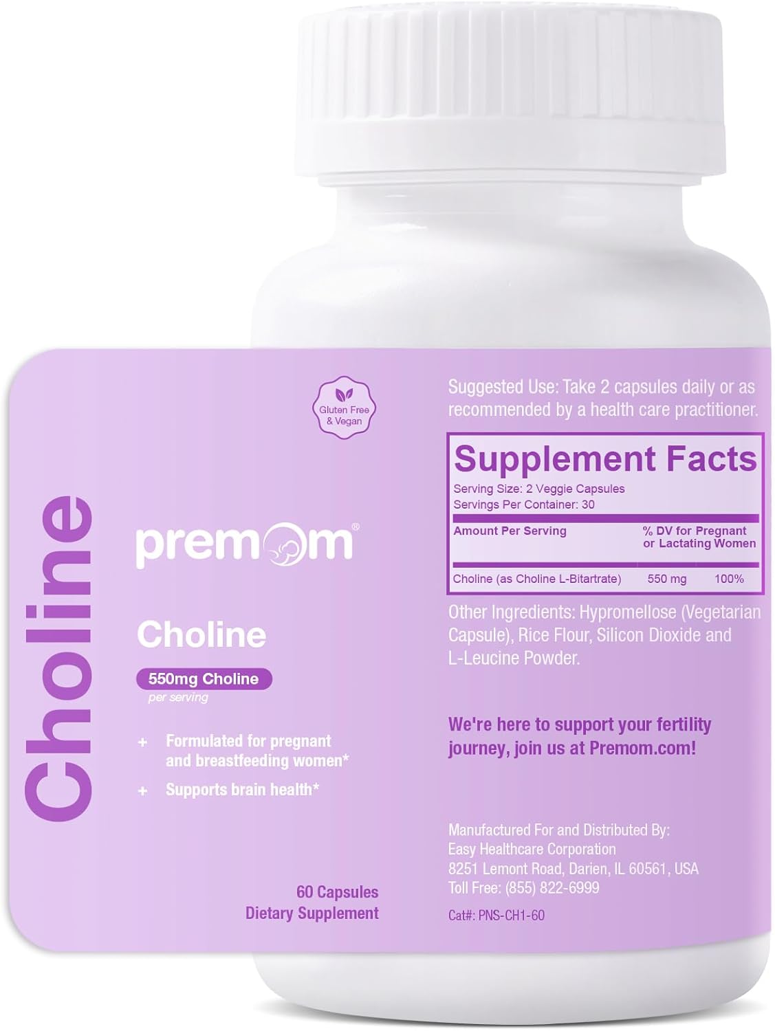 Premom Prenatal Choline Bitartrate Supplement: 550mg for Cognitive Development Meet Daily Needs– Nutritional Support for Pregnancy & Metabolism, Baby Brain Development – 60 Capsules, 30 Days Supply