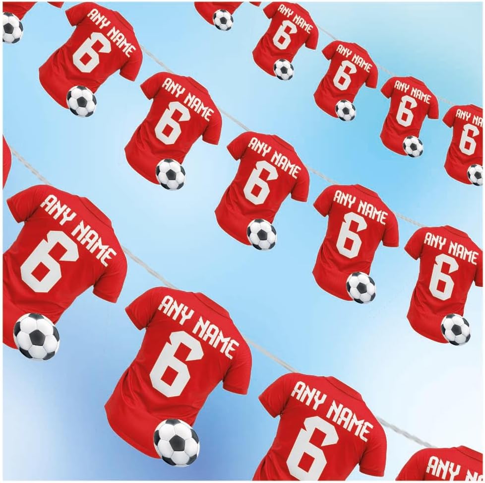 Personalised Football Shirt Bunting, Party Decorations, Birthday, Celebrations, Sports Events 12pcs / 2.5m Ribbon (RED)