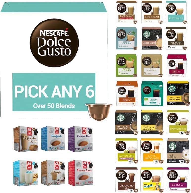 Nescafe Dolce Gusto Original and Compatible Coffee Pods. Pick Any 6 Packs from 50+ Flavours Inc. Decaf, Espresso, Latte, Hot Chocolate, Cappuccino, Caramel, Mocha, Skinny, Chai Tea & More.