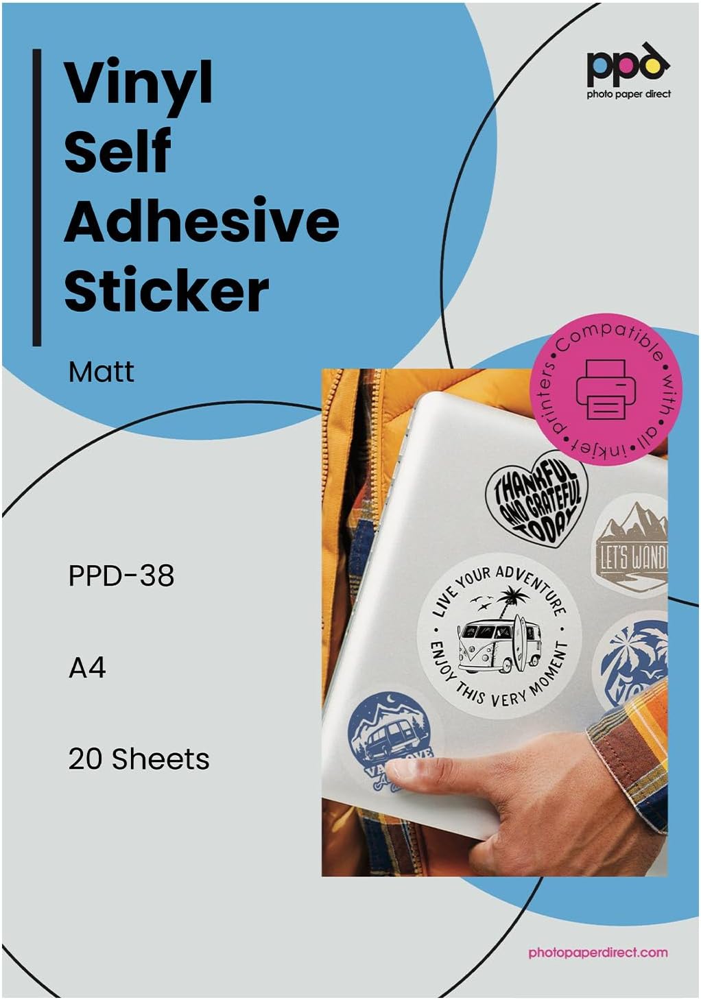 PPD 20 Sheets A4 Inkjet Printable White Matt Self Adhesive Vinyl Sticker Paper Waterproof PPD-38-20