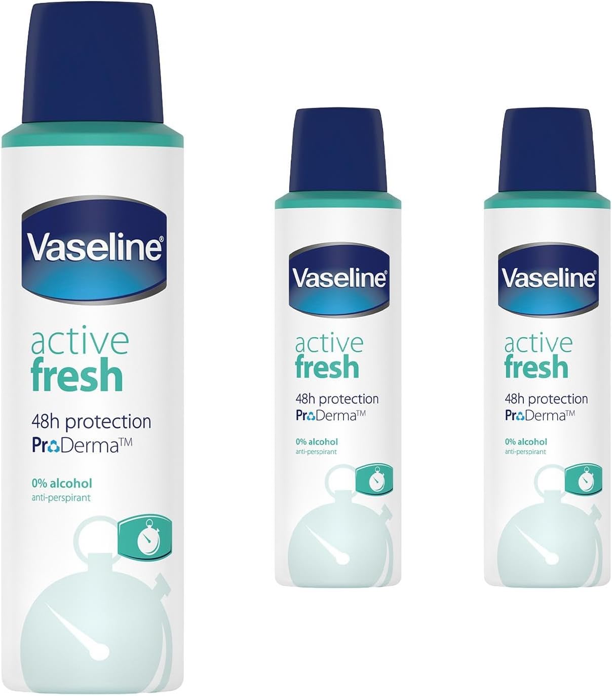 Vaseline Active Fresh Anti-Perspirant Aerosol Deodorant Pack of 3, 150ml each - 48 Hour Sweat & Odour Protection, Alcohol Free, Unisex Body Spray for Sensitive Skin