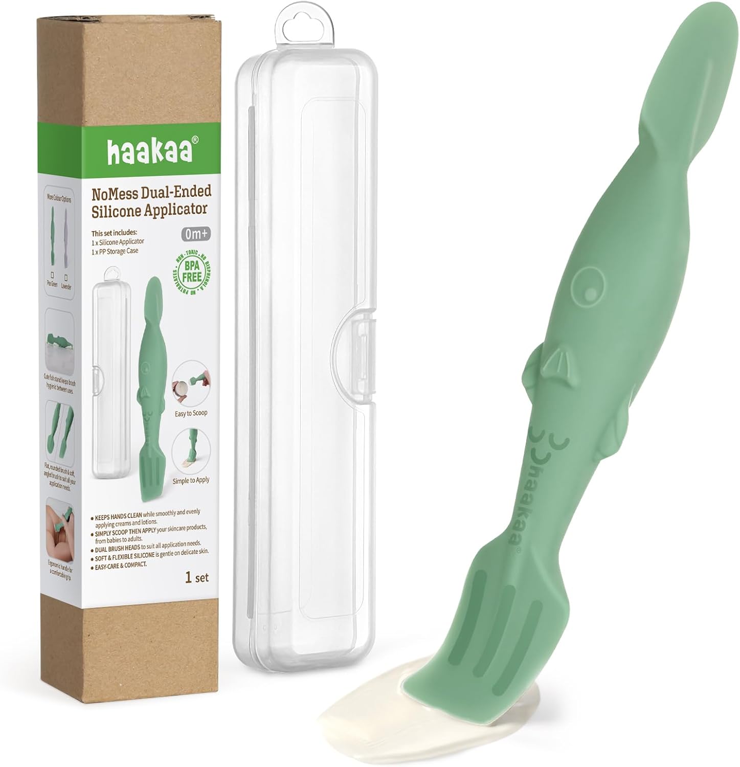 haakaa Baby Diaper Cream Spatula, Mess-free Silicone Diaper Rash Cream Applicator with Carrying Case, Diaper Cream Brush for Babies, Pea Green