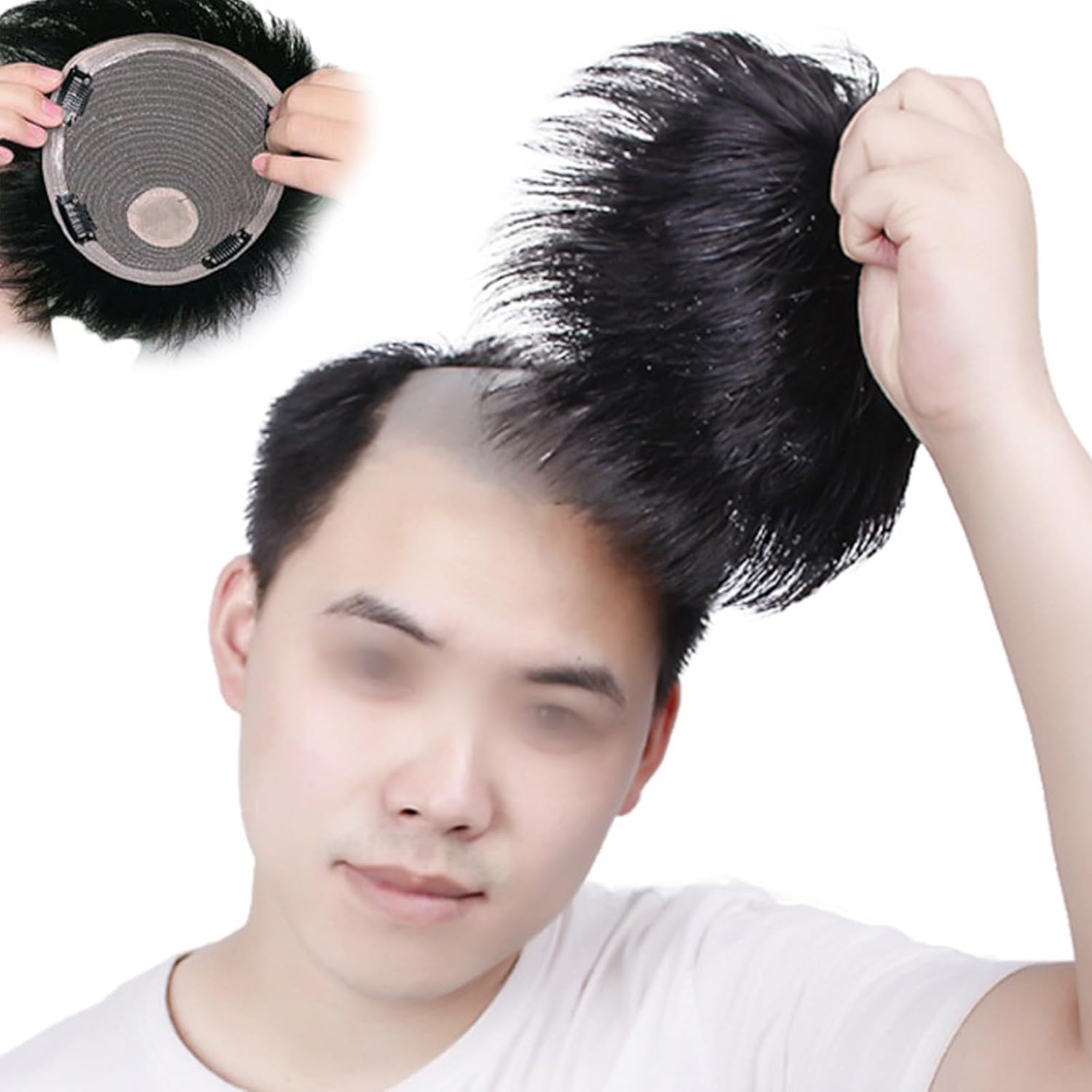 Mens Toupee Human Hair, Short Fluffy Straight None Lace Machine Made Real Human Hair Wig(Brush cut,14 * 22cm)