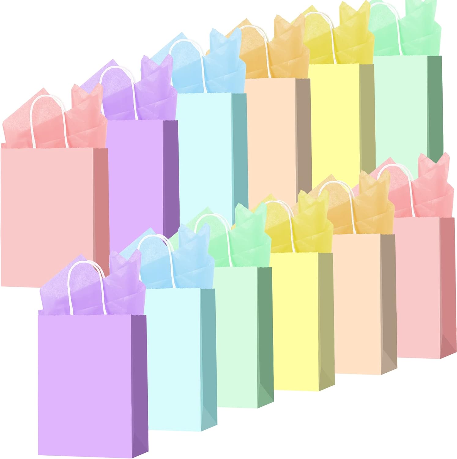 Larcenciel 12 Pieces Gift Bags with 12 Tissue Paper, Retail Goodie Paper Wrap Bags Bulk with Handle for Party Favor Treat, Birthday Party, Baby Shower, Wedding, Gifts and Celebrations Assorted Colors