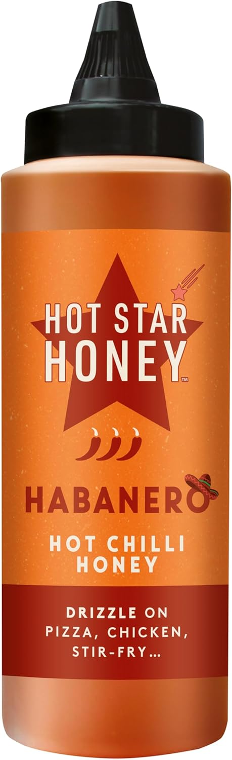 Hot Star Honey Habanero Hot Chilli Honey - SWEET HONEY SAUCE WITH HOT CHILLI PEPPERS - DRIZZLE ON PIZZA, CHICKEN AND STIR-FRY - 325g
