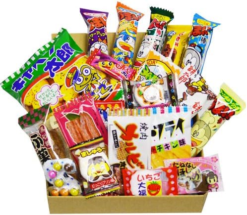 Japanese Candy Dagashi Box 20pcs Umaibo Snack Gumi potato Chip Kitty chocolate w/ AKIBAKING Sticker