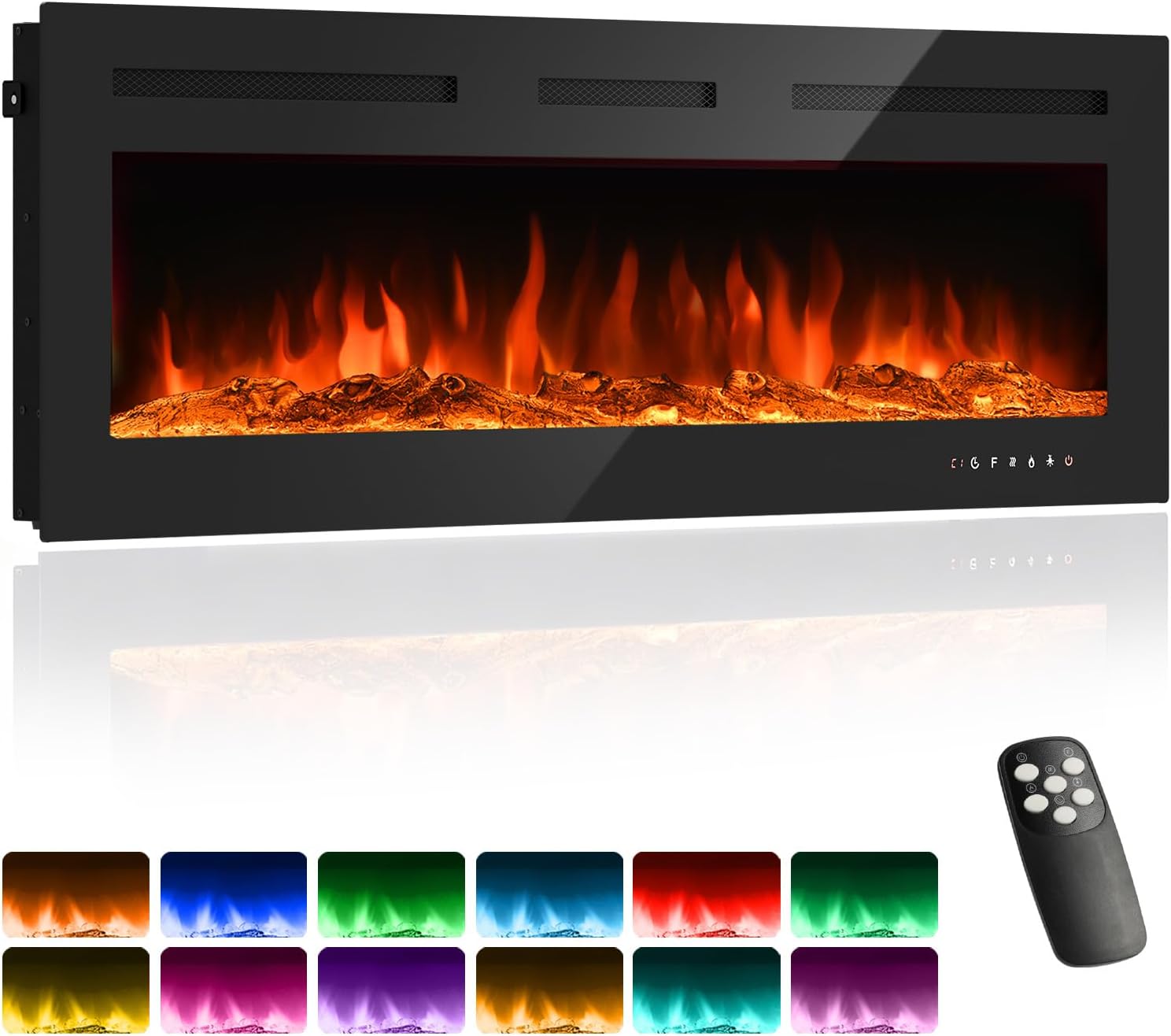 50 in Electric Fireplace Inserts - 1500/750W Ultra Narrow Frame Wall Mounted Fireplaces with 3 Heating Modes - 12 Flame Colors, Remote Control/Timer, Touch Screen, Low Noise