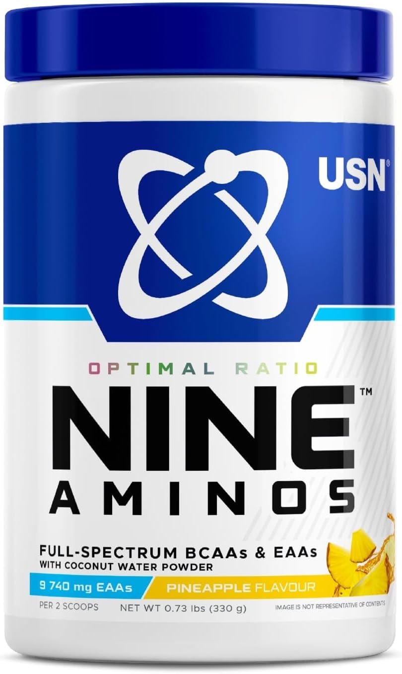 USN Nine Aminos – BCAA Amino Acids & EAA Essential Amino Acids Powder with Added Magnesium & Coconut Water Powder to Support Recovery and Hydration. Pineapple Flavour (330g – 30 Servings)