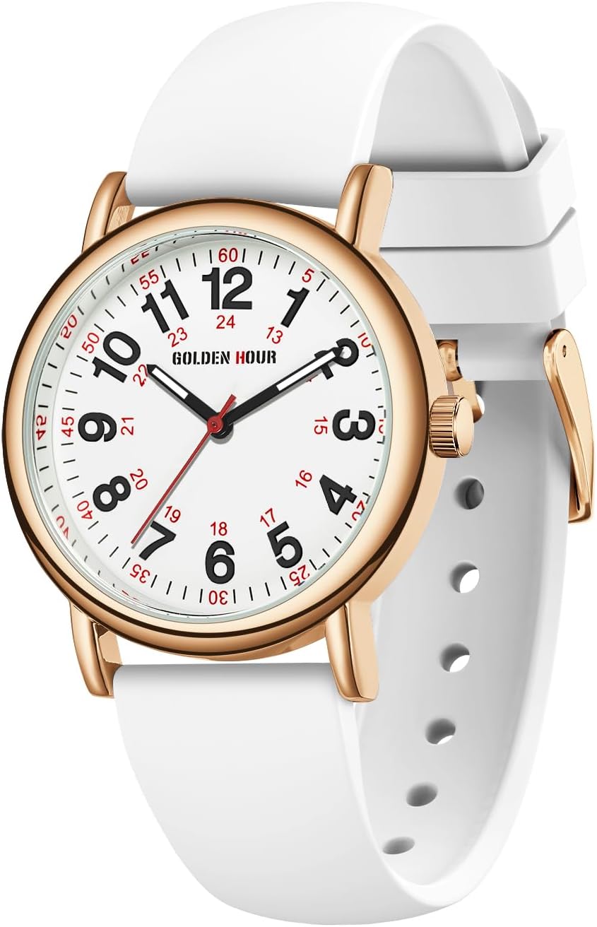 GOLDEN HOUR Waterproof Nurse Watch for Medical Professionals, Students Women Men - Military Time Luminouse Easy Read Dial, 24 Hour with Second Hand, Colorful Silicone Band