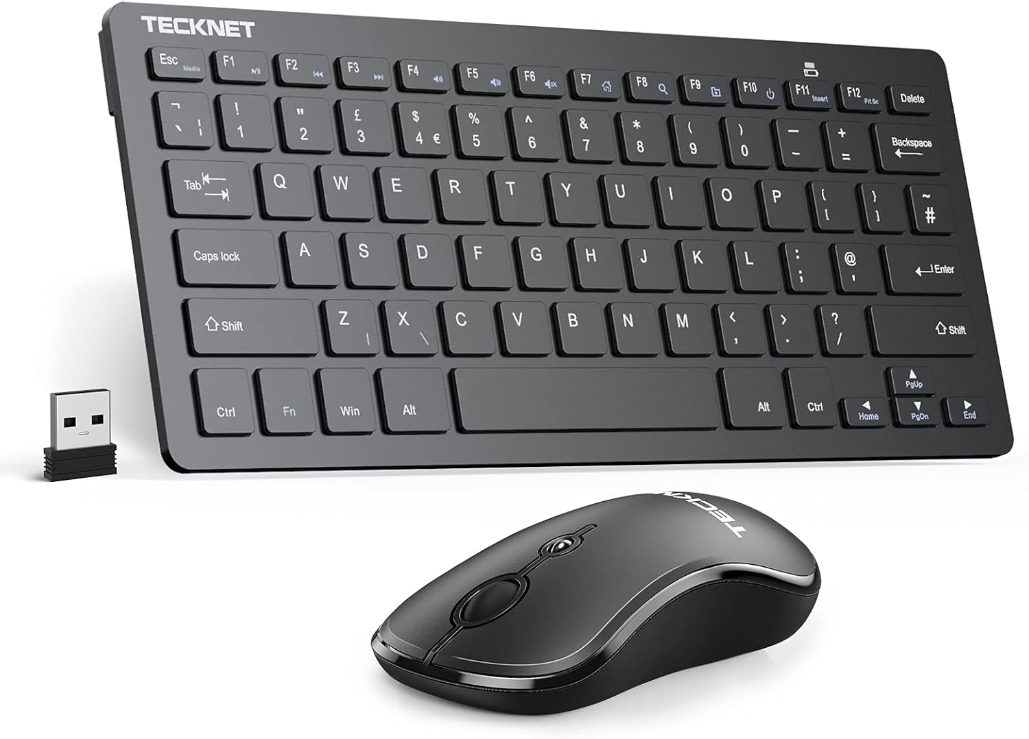 TECKNET Mini Wireless Keyboard and Mouse Set, 2.4G Cordless USB Keyboard and Silent Mouse Comb with Nano USB Receiver, 12 Months Battery Life, 12 Multimedia Shortcuts for Computer, PC, Laptop, Black