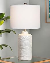 24.5" White Ceramic Table Lamp: 3-Way Dimmable Nightstand Lamp with White Linen Shade | Office Reading Lamp Bedside Lamp White Lamp for Bedrooms & Living Room (Bulb Included)