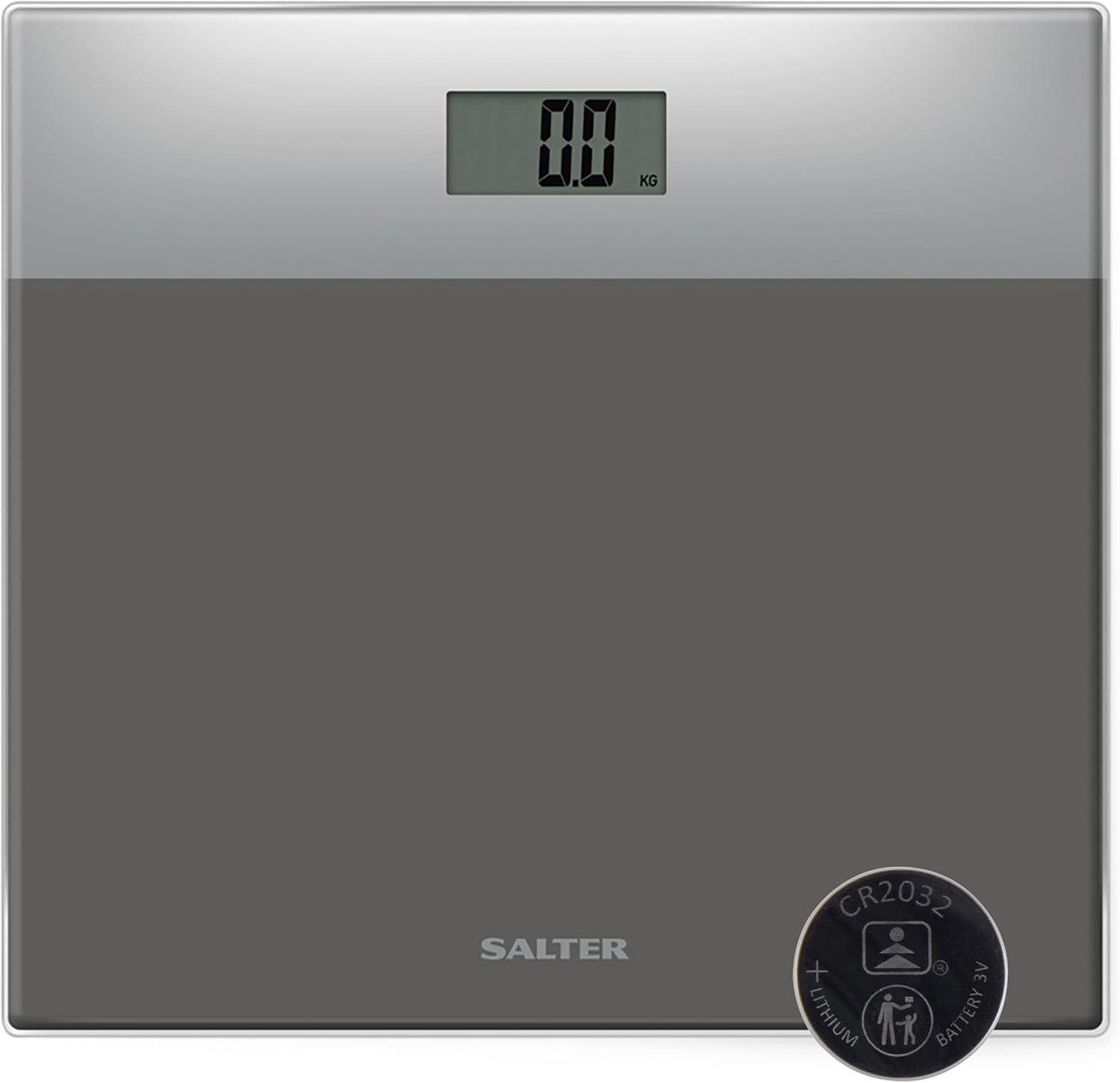 Salter Digital Bathroom Scale – Easy Read LCD Display, 180 kg/ 28 st Capacity, Instant Read Step On Activation, Battery Included, Neat Storage, 15 Year Guarantee, Two Tone Design, Silver/Grey